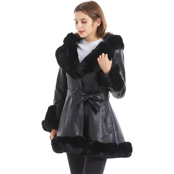 Women's Faux Leather Jacket with Faux Fur Collar Long Sleeve Parka with Pockets